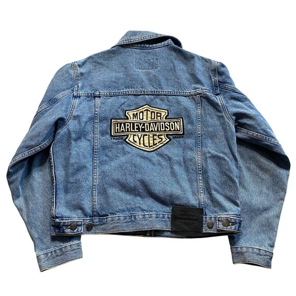 Vintage Y2K Harley Davidson Womens Denim Motorcycle Biker Big Logo Jacket Small - Picture 1 of 7